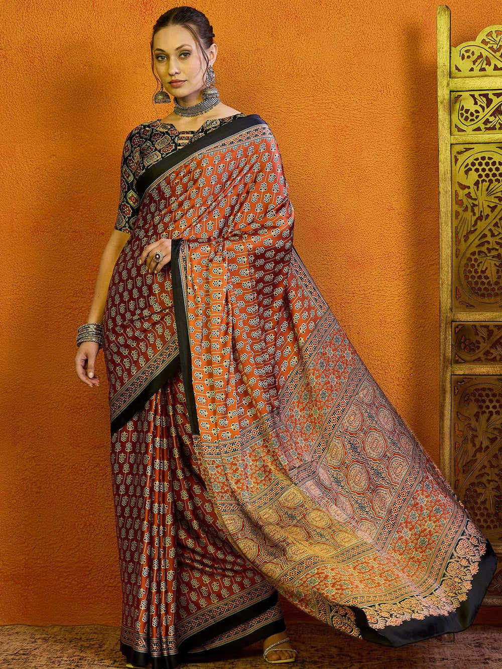 Ajrakh Satin Printed Mirror Work Saree