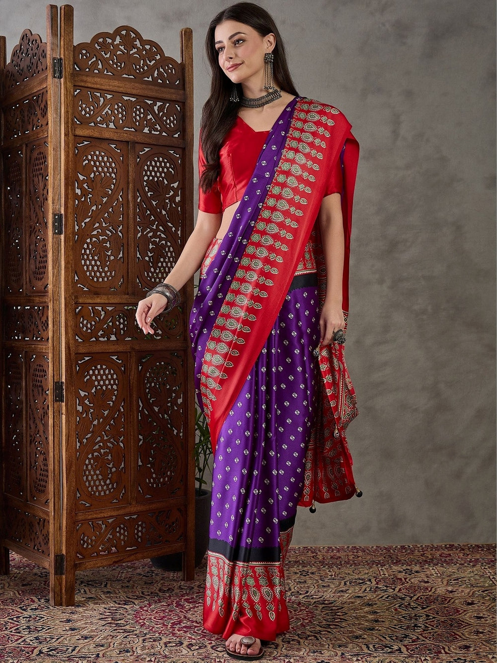 Ajrakh Satin Printed Mirror Work Saree