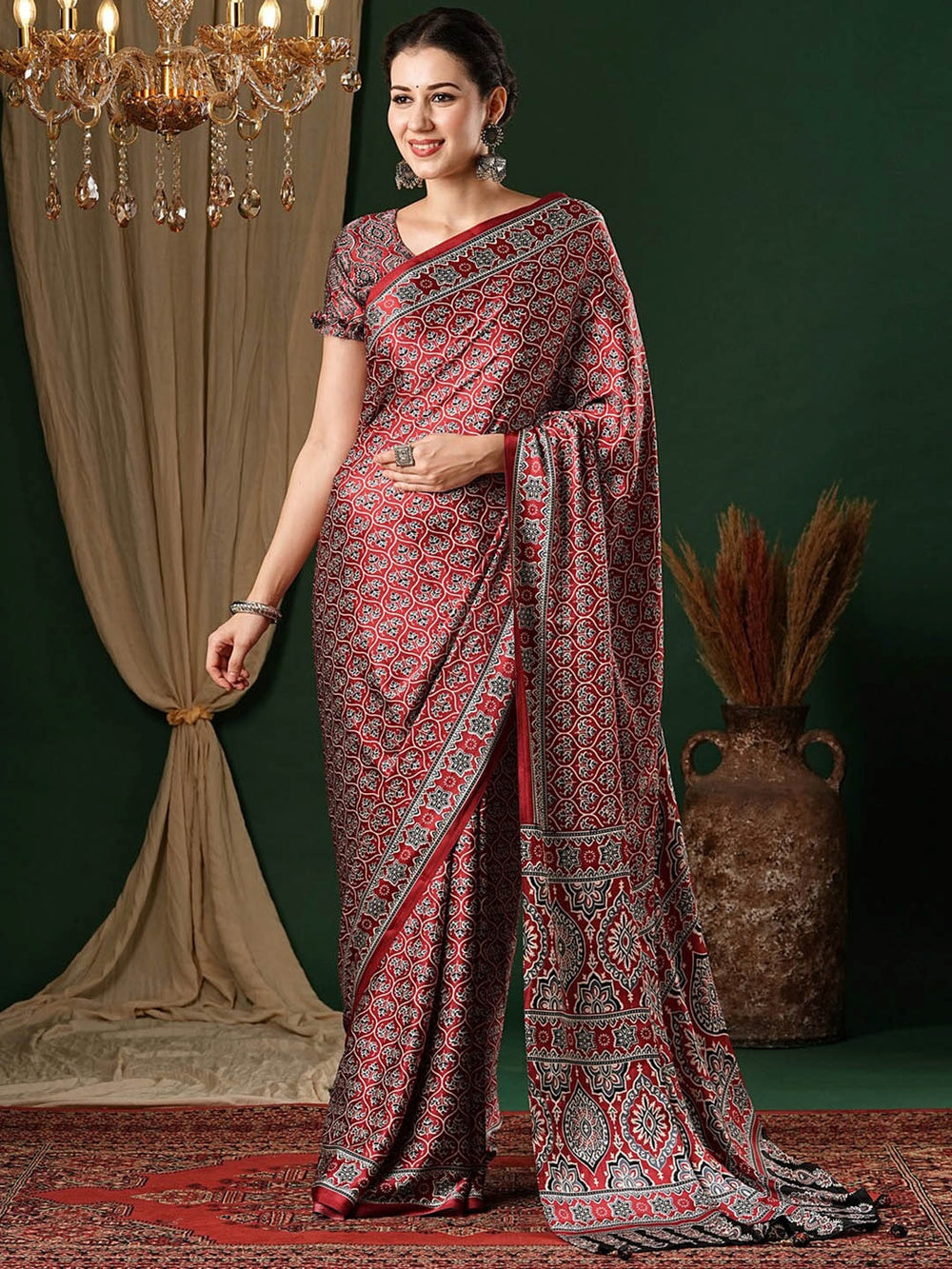 Ajrakh Satin Printed Mirror Work Saree