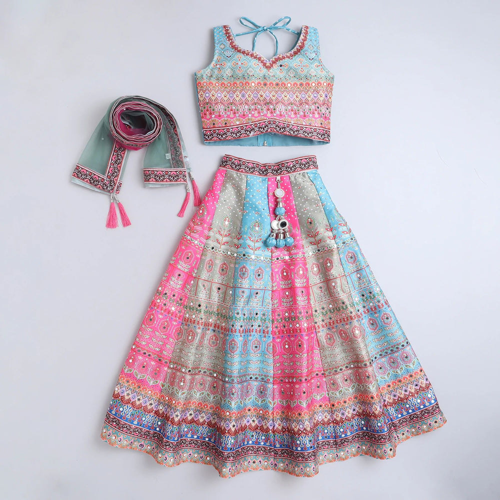 Girls Printed Mirror Work Sweetheart Neck Art Silk Lehenga With Blouse And Dupatta