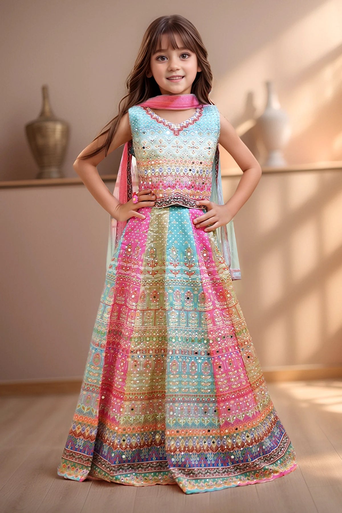 Girls Embellished Mirror Work Ready to Wear Lehenga & Blouse With Dupatta