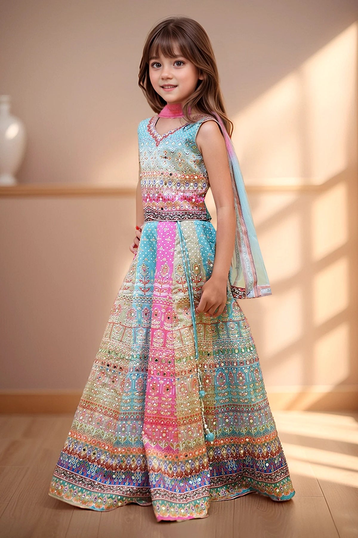 Girls Embellished Mirror Work Ready to Wear Lehenga & Blouse With Dupatta
