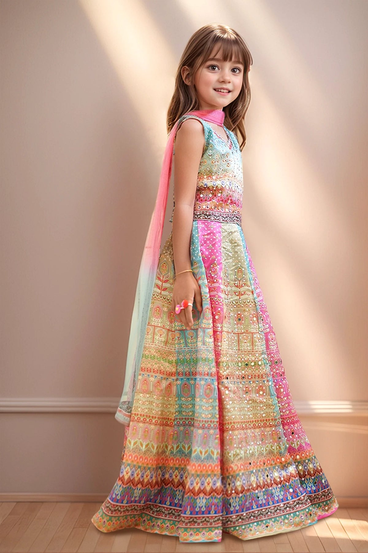 Girls Embellished Mirror Work Ready to Wear Lehenga & Blouse With Dupatta