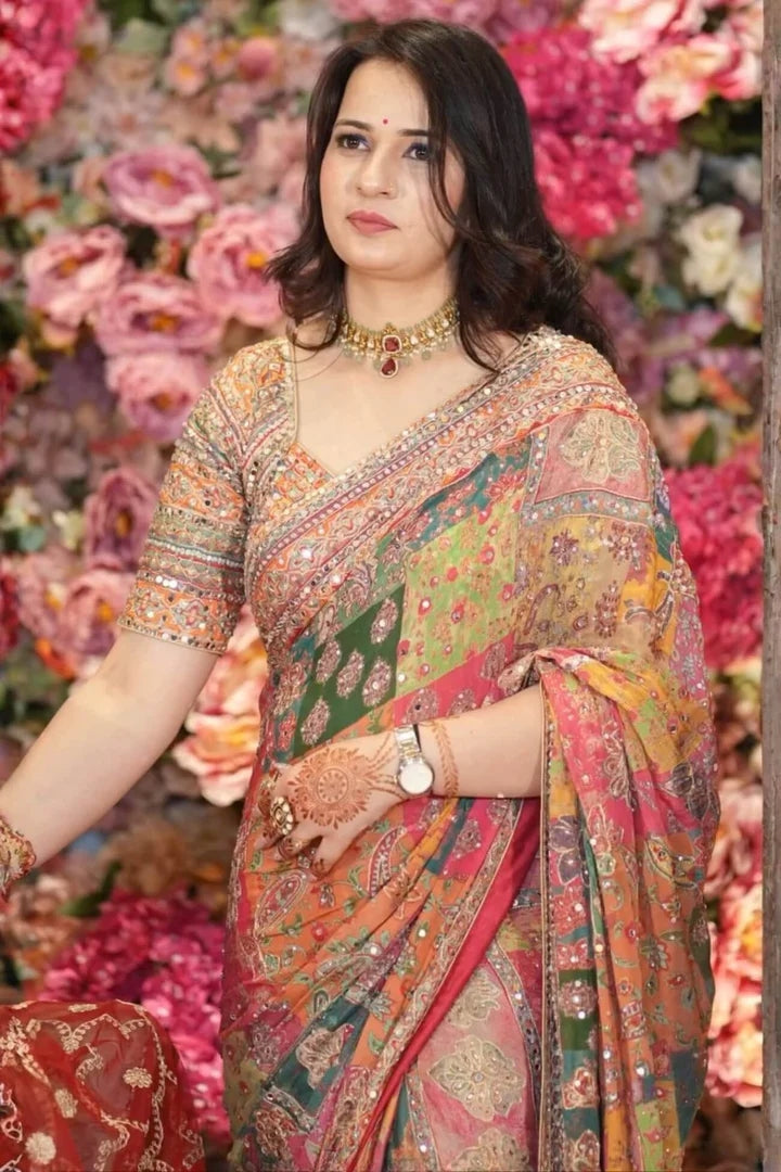 Multicolor Chinon Silk Printed Mirror Work Saree