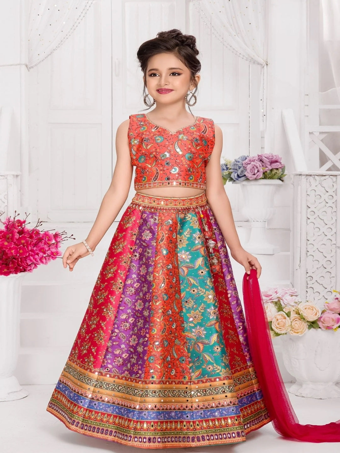 Multicolor Peacock Printed Lehenga Choli Set For Girls