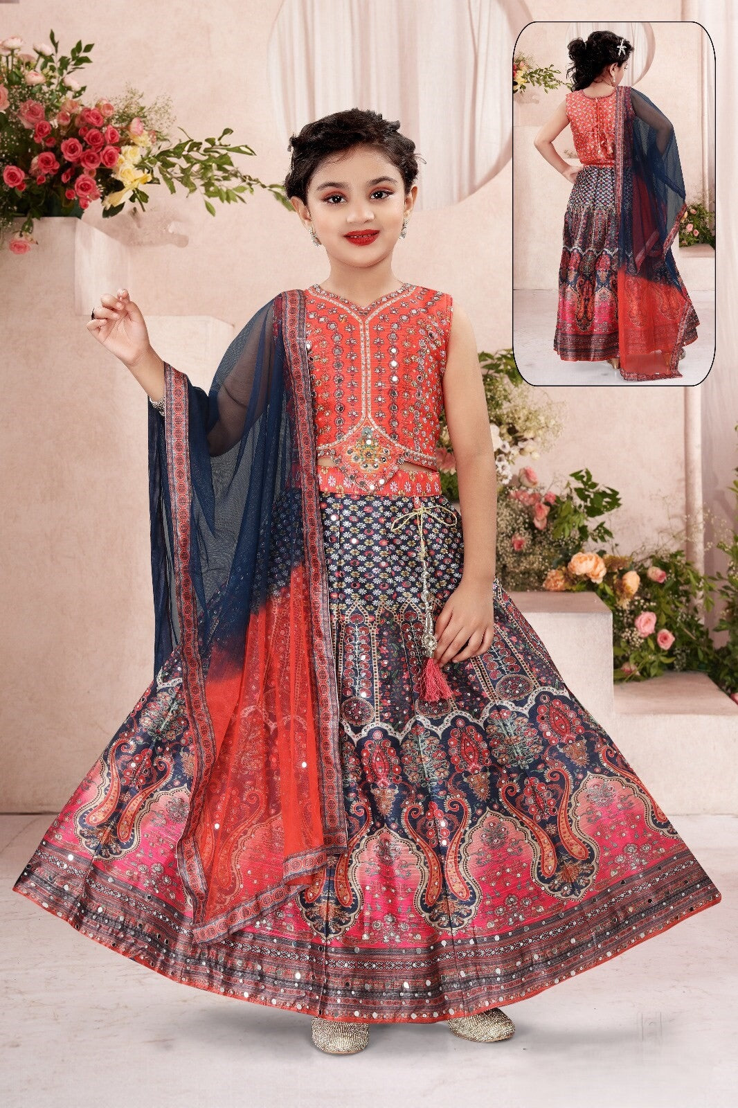 Multicolor Peacock Printed Lehenga Choli Set For Girls