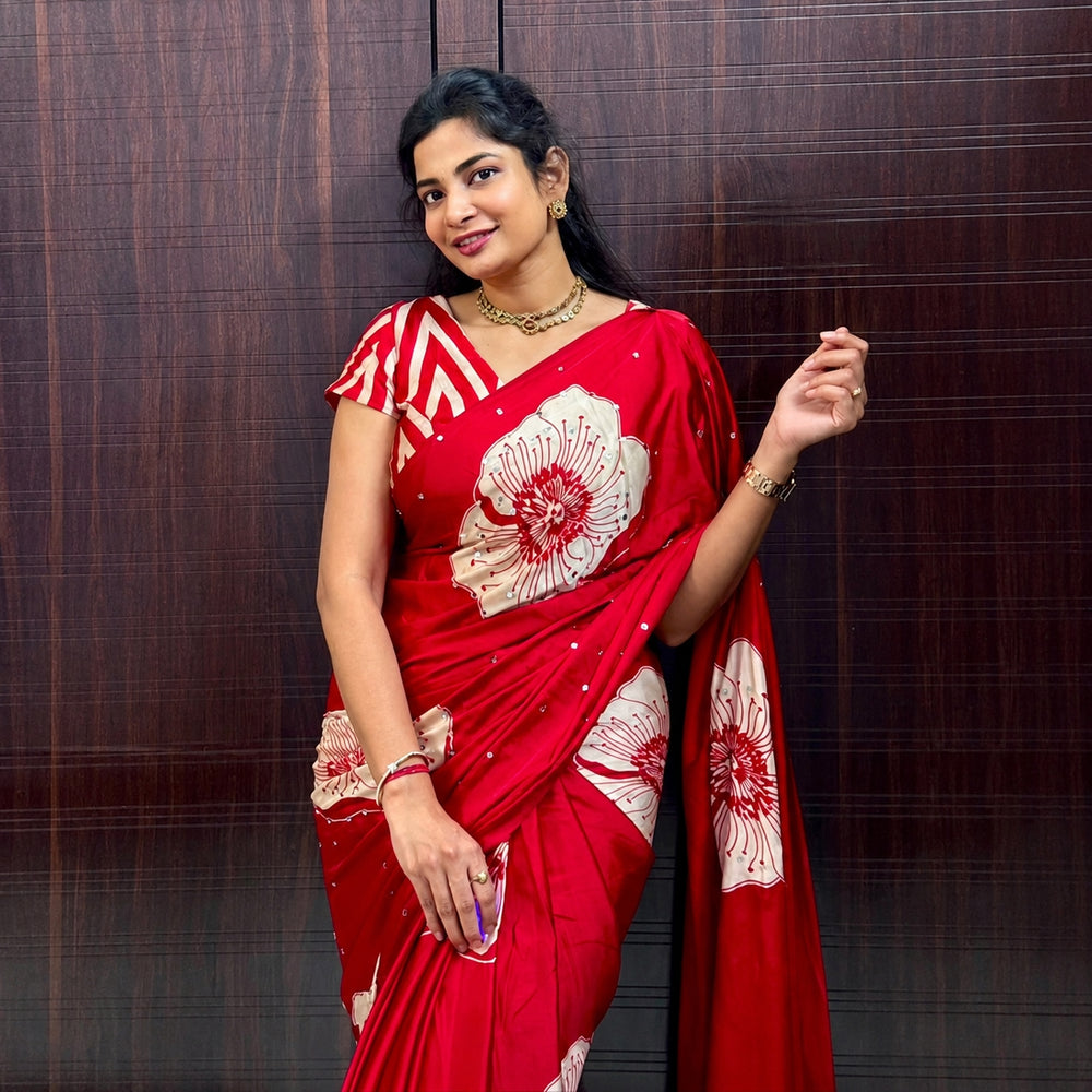 Beautiful Red Satin Saree with Floral Print with Real Mirror Work