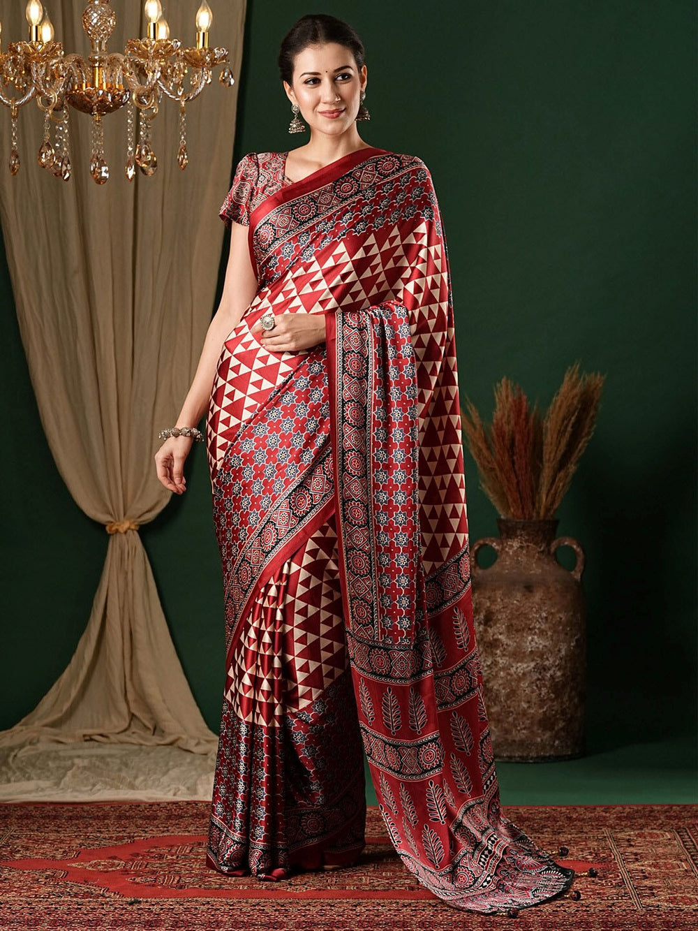 Ethnic Motifs Ajrak Pure Crepe Saree