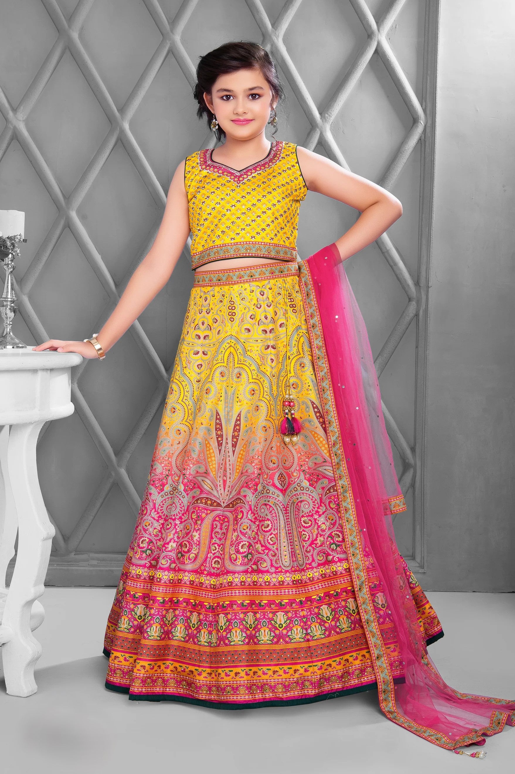 Multicolor Peacock Printed Lehenga Choli Set For Girls