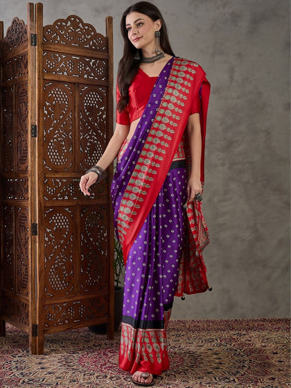 Ajrakh Satin Printed Mirror Work Saree