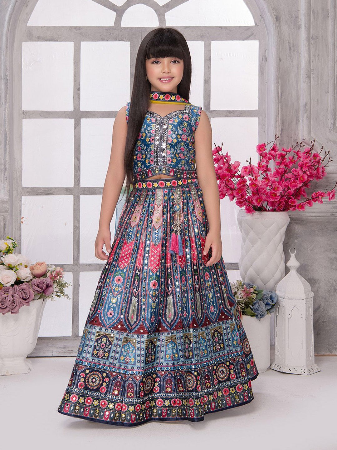 Girls Printed Mirror Work Sweetheart Neck Art Silk Lehenga With Blouse And Dupatta
