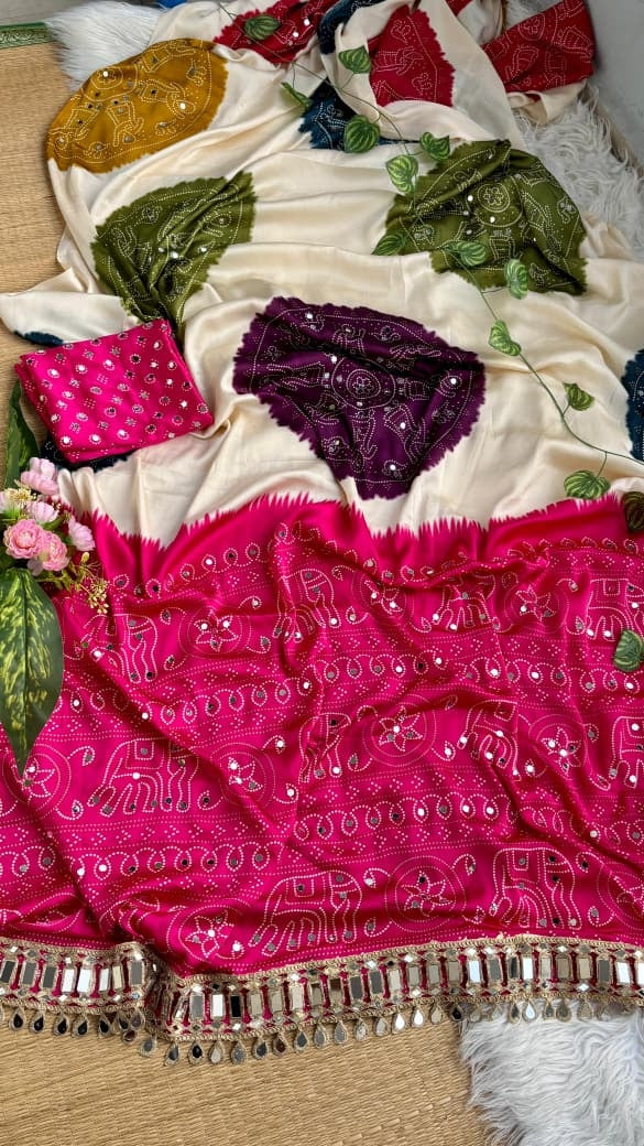 A Very Soft and Elegant Rich look Original Japan Sartin Ajarak Print with [1500] Hand Real Mirror and Heavy Real Mirror Lace Border pallu