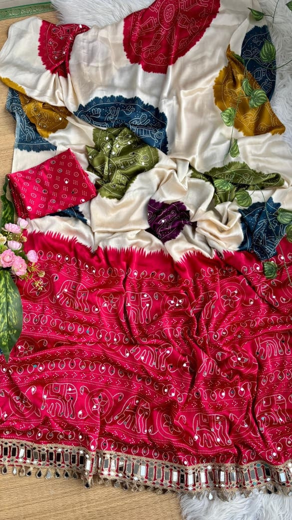 A Very Soft and Elegant Rich look Original Japan Sartin Ajarak Print with [1500] Hand Real Mirror and Heavy Real Mirror Lace Border pallu