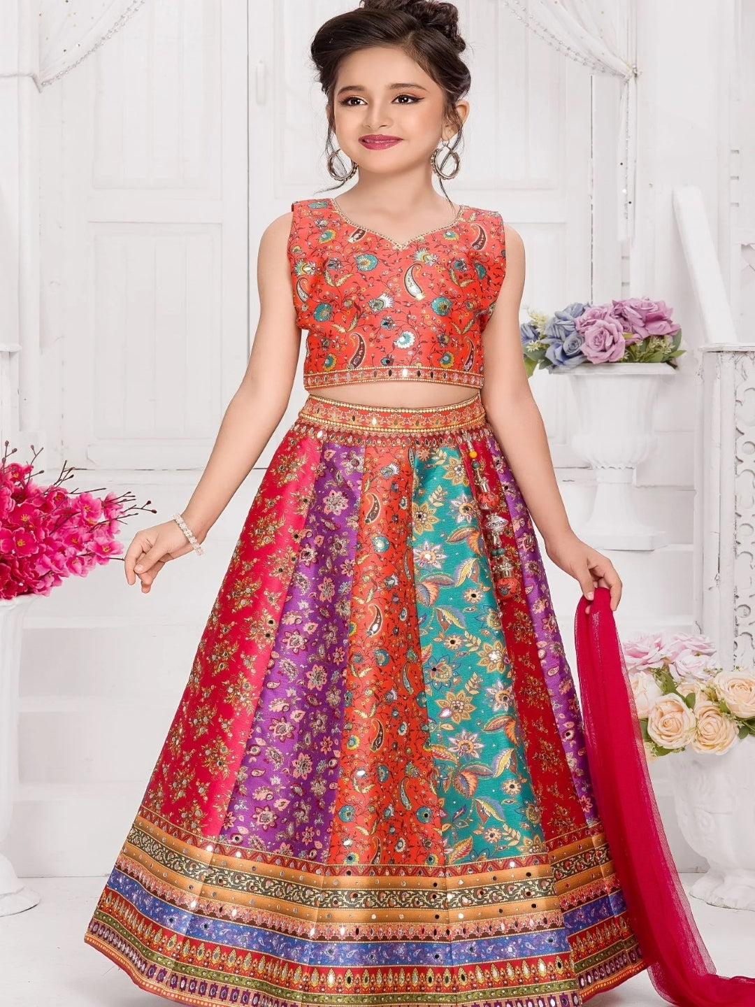 Multicolor Peacock Printed Lehenga Choli Set For Girls
