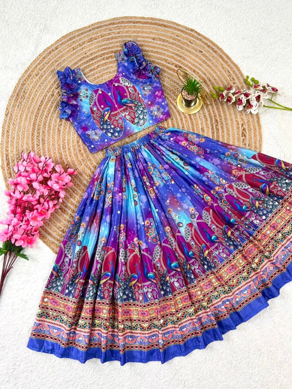 Kids Girls Lehenga Choli Set – Navratri Special Traditional Ethnic Wear, Fully Digital Printed Lehenga with Hand Mirror Work, Fully Stitched Ready-to-Wear