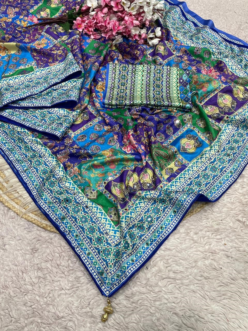 Multicolor Crepe Printed Designer Saree with Embroidered
