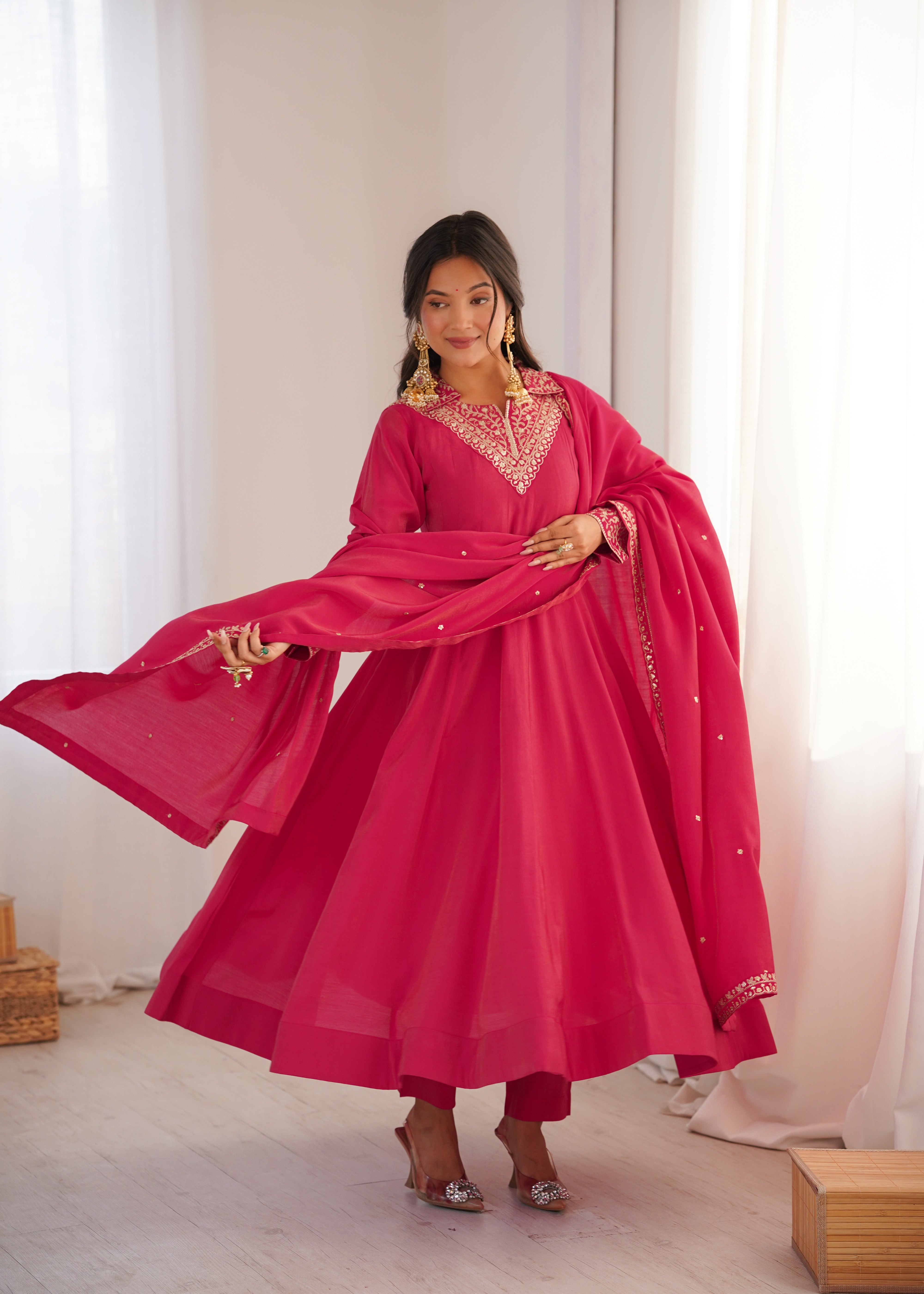 Heavy Roman Shimmer Silk Designer Anarkali Set