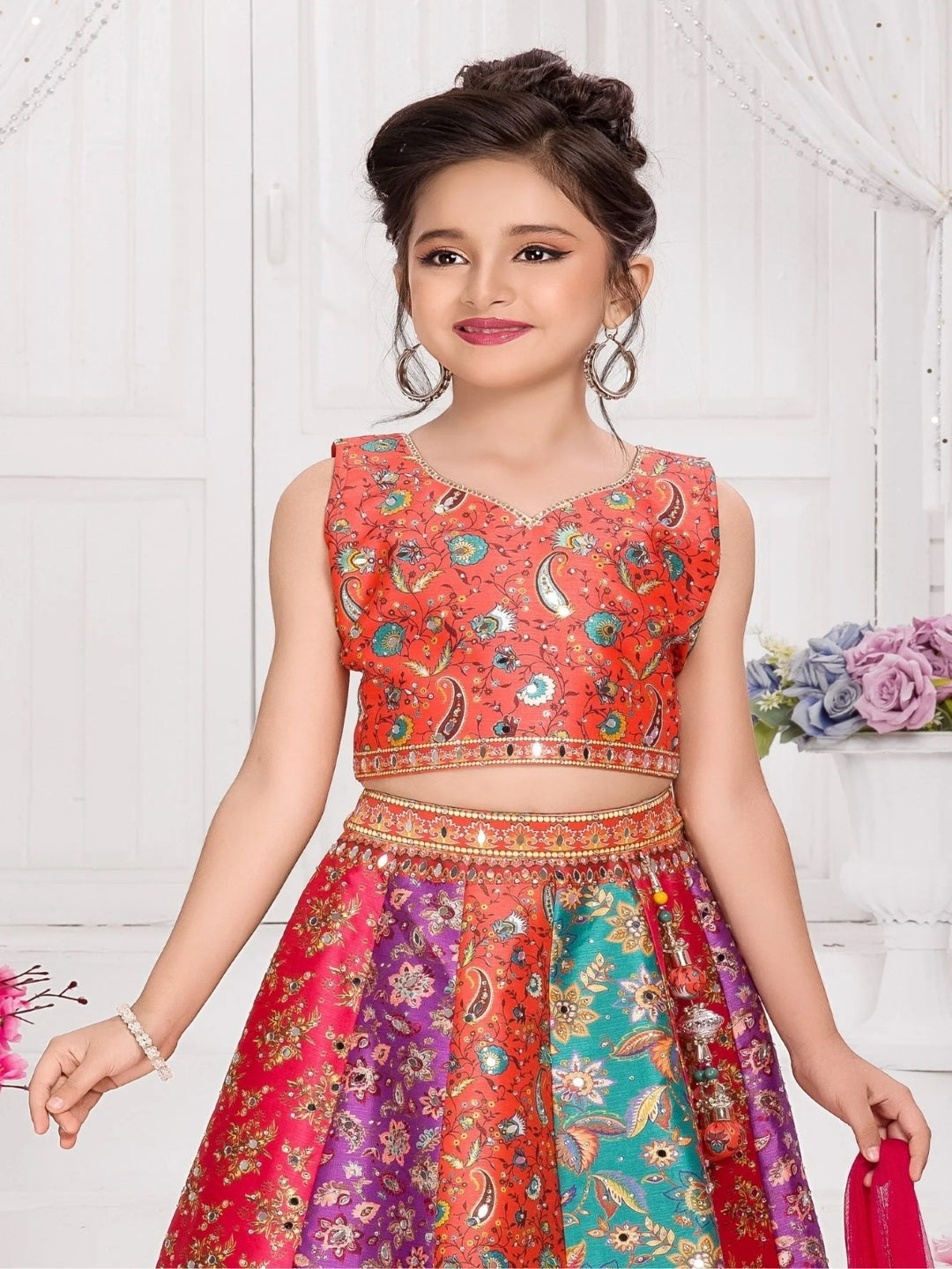 Multicolor Peacock Printed Lehenga Choli Set For Girls