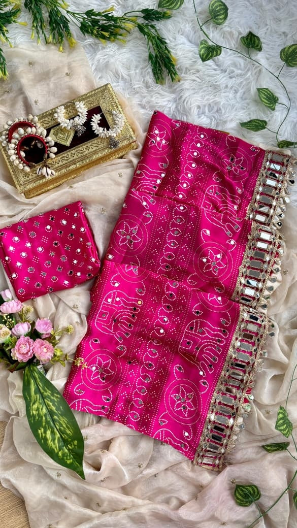 A Very Soft and Elegant Rich look Original Japan Sartin Ajarak Print with [1500] Hand Real Mirror and Heavy Real Mirror Lace Border pallu