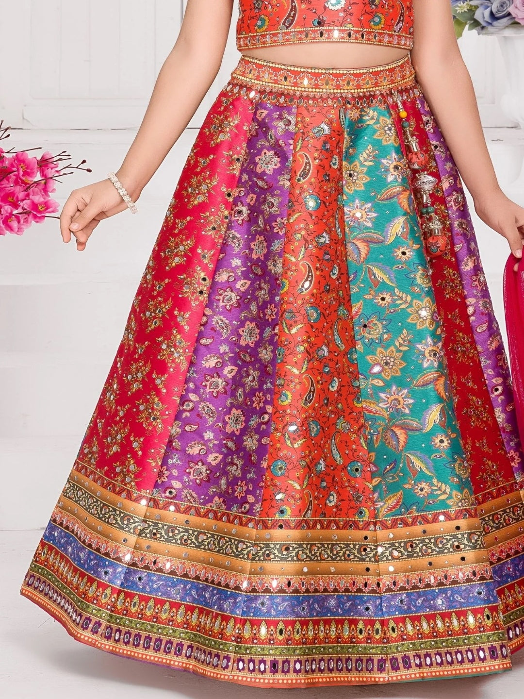 Multicolor Peacock Printed Lehenga Choli Set For Girls
