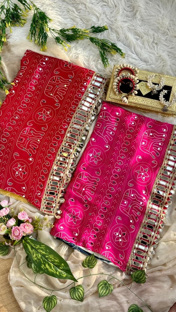 A Very Soft and Elegant Rich look Original Japan Sartin Ajarak Print with [1500] Hand Real Mirror and Heavy Real Mirror Lace Border pallu