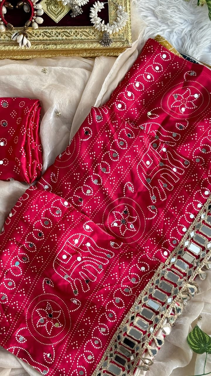 A Very Soft and Elegant Rich look Original Japan Sartin Ajarak Print with [1500] Hand Real Mirror and Heavy Real Mirror Lace Border pallu