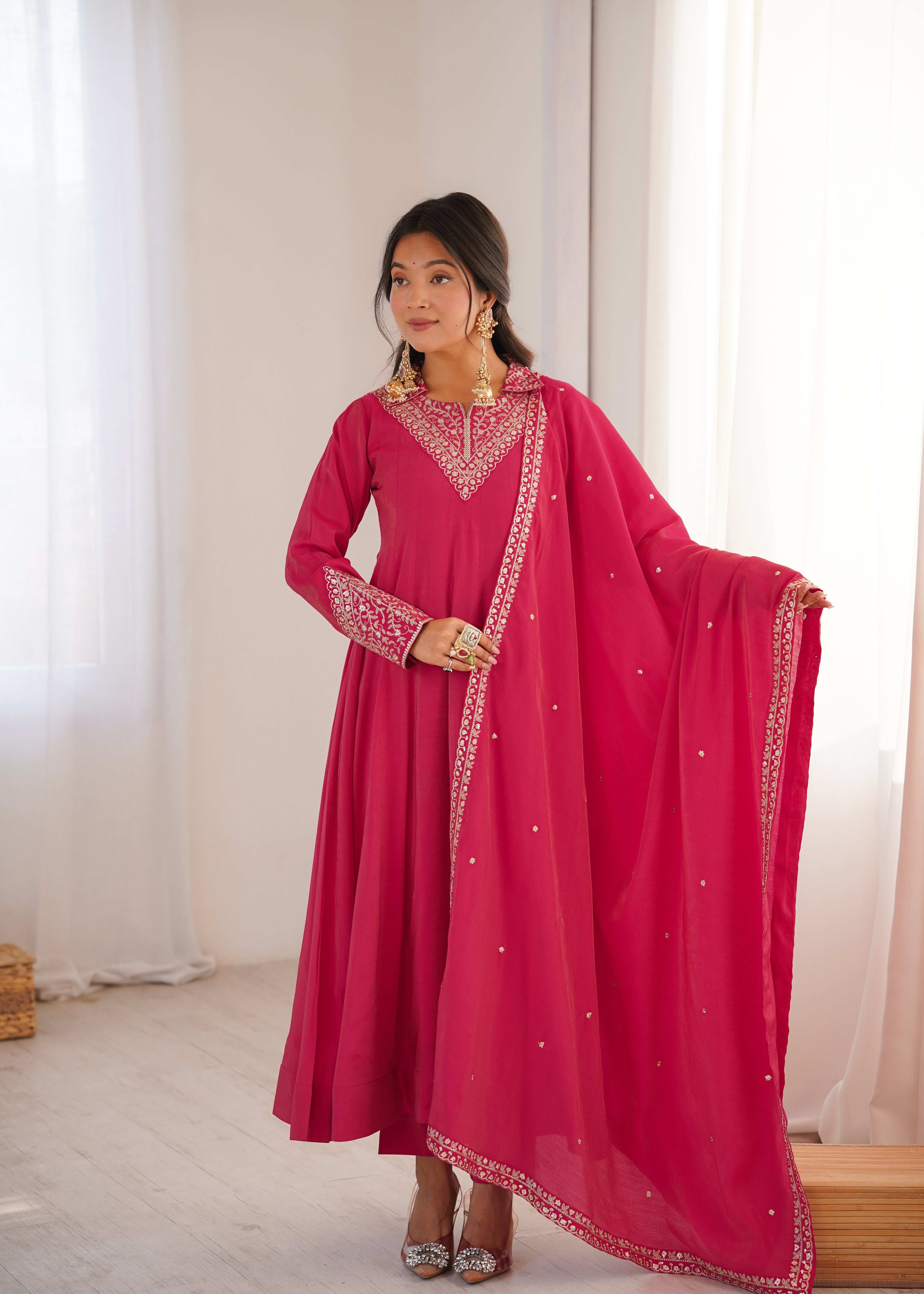 Heavy Roman Shimmer Silk Designer Anarkali Set