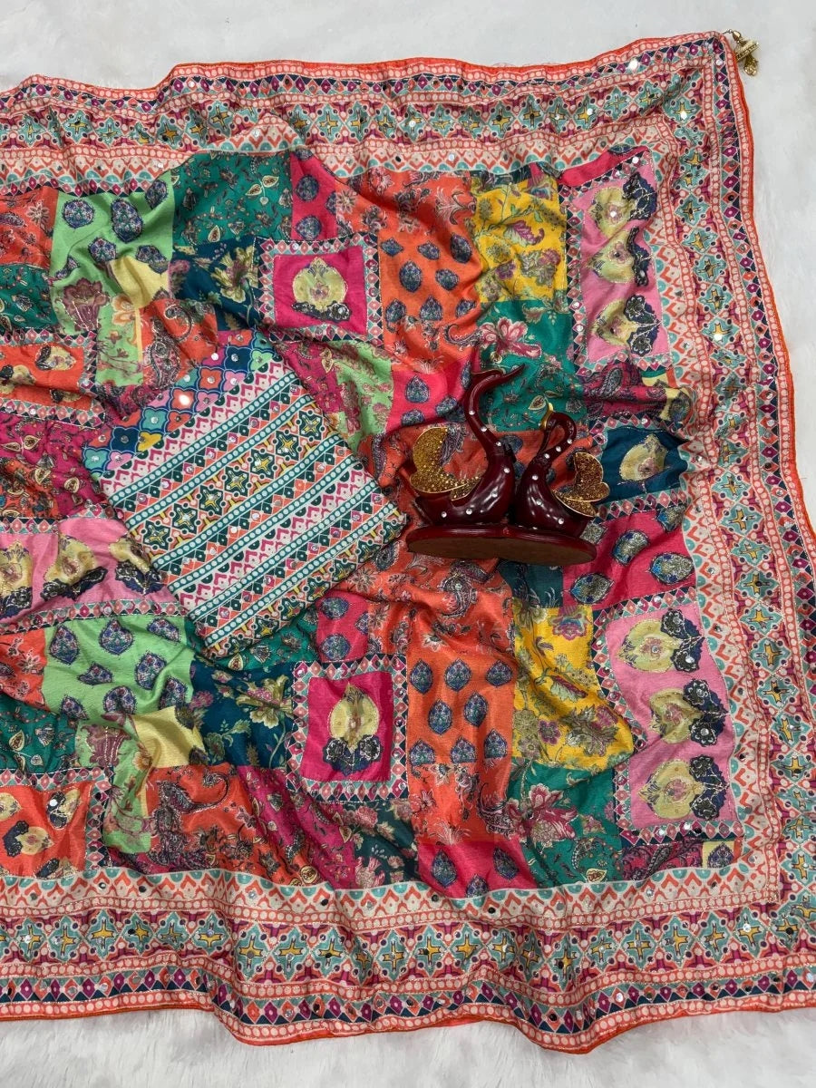 Multicolor Crepe Printed Designer Saree with Embroidered