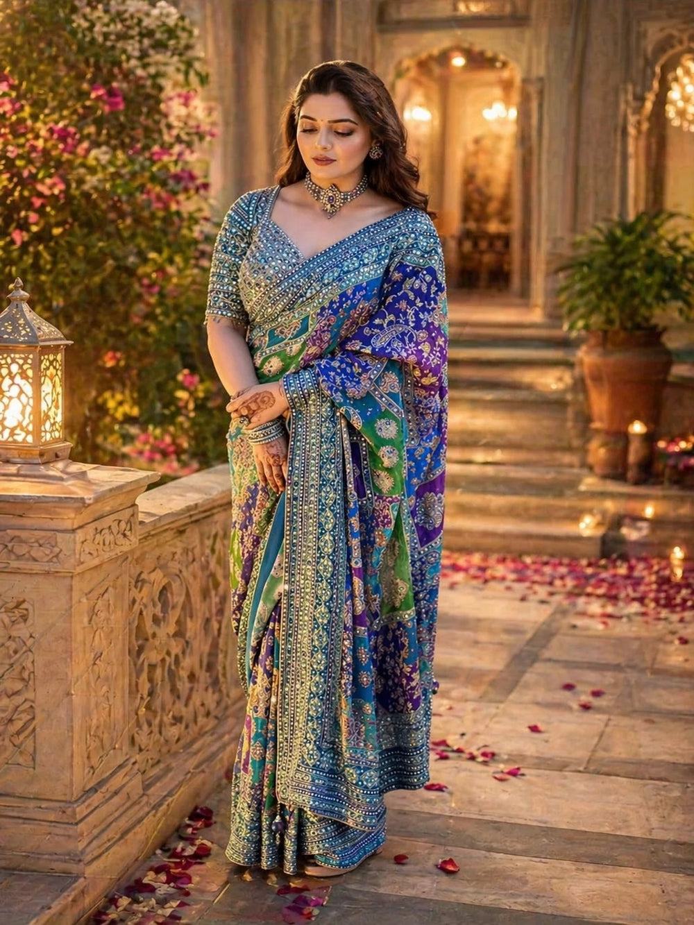 Multicolor Crepe Printed Designer Saree with Embroidered