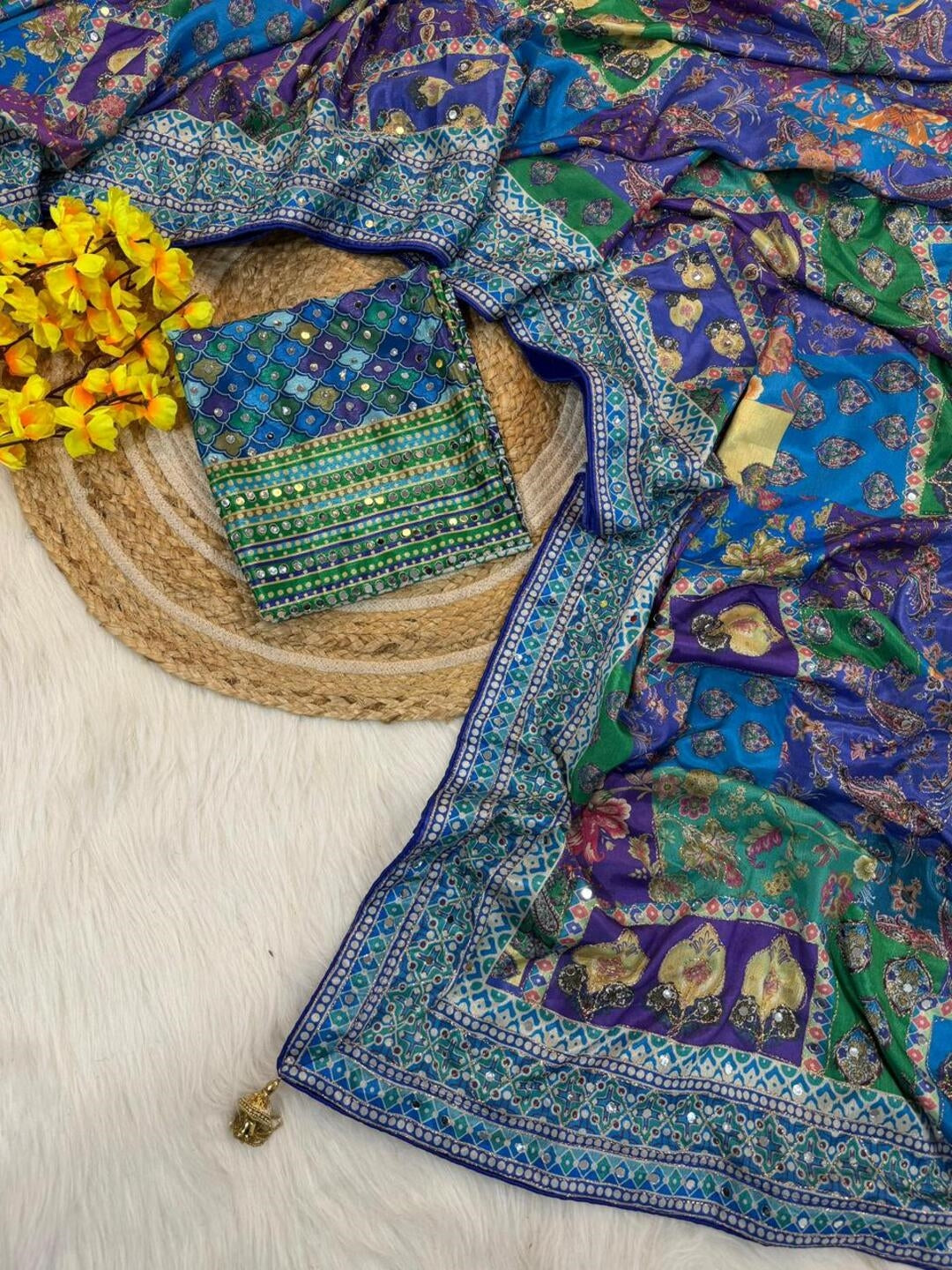 Multicolor Crepe Printed Designer Saree with Embroidered