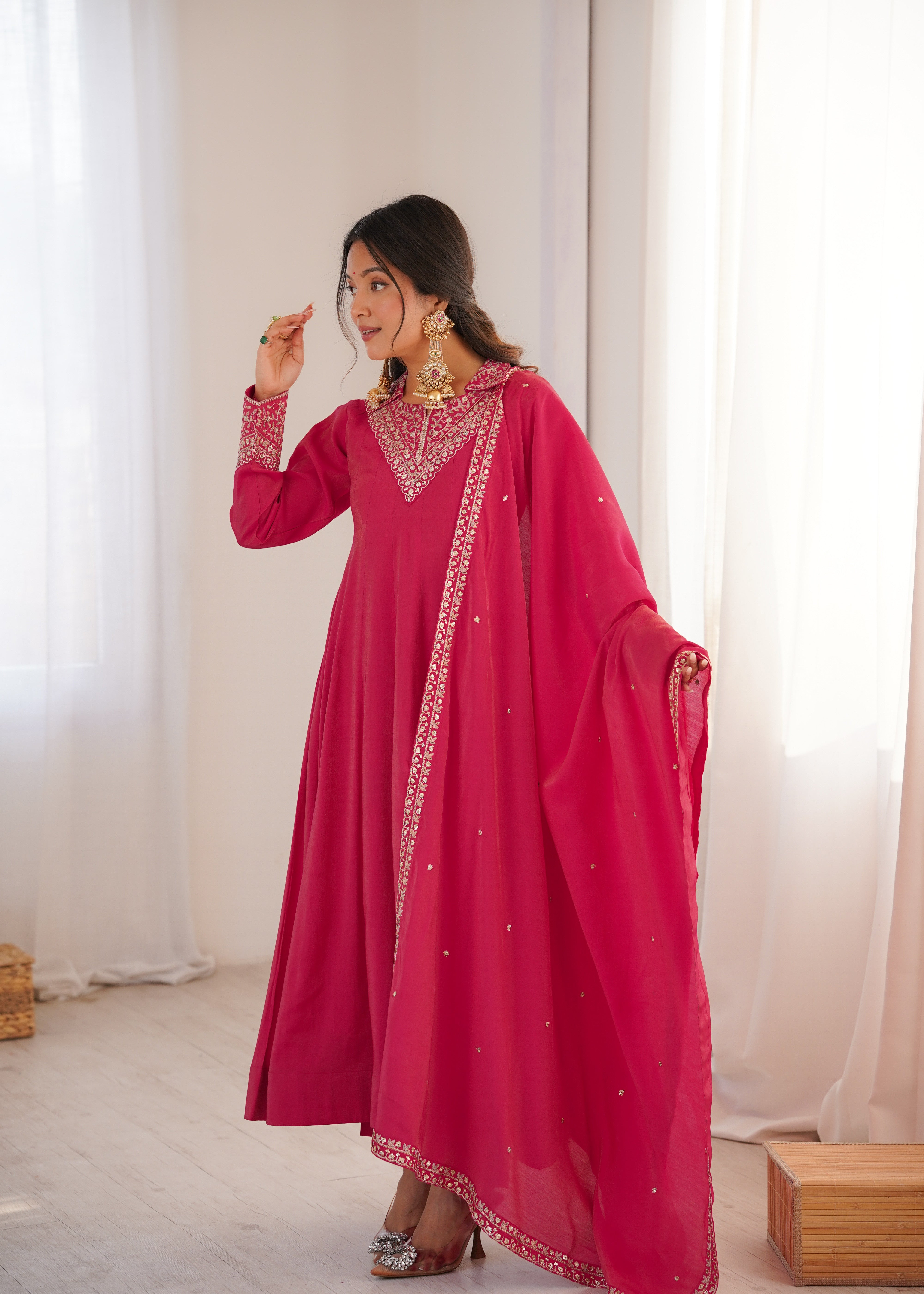 Heavy Roman Shimmer Silk Designer Anarkali Set