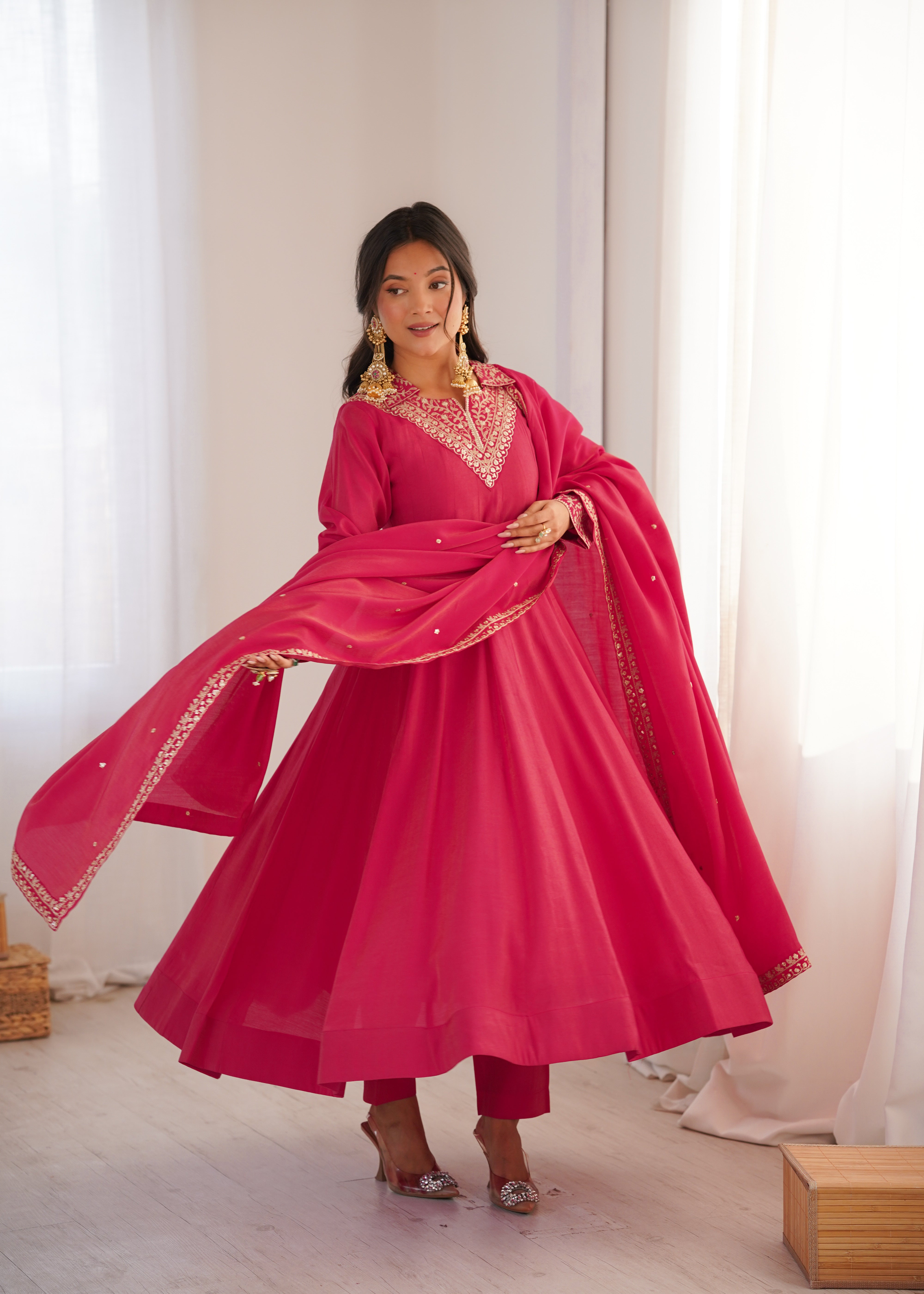 Heavy Roman Shimmer Silk Designer Anarkali Set