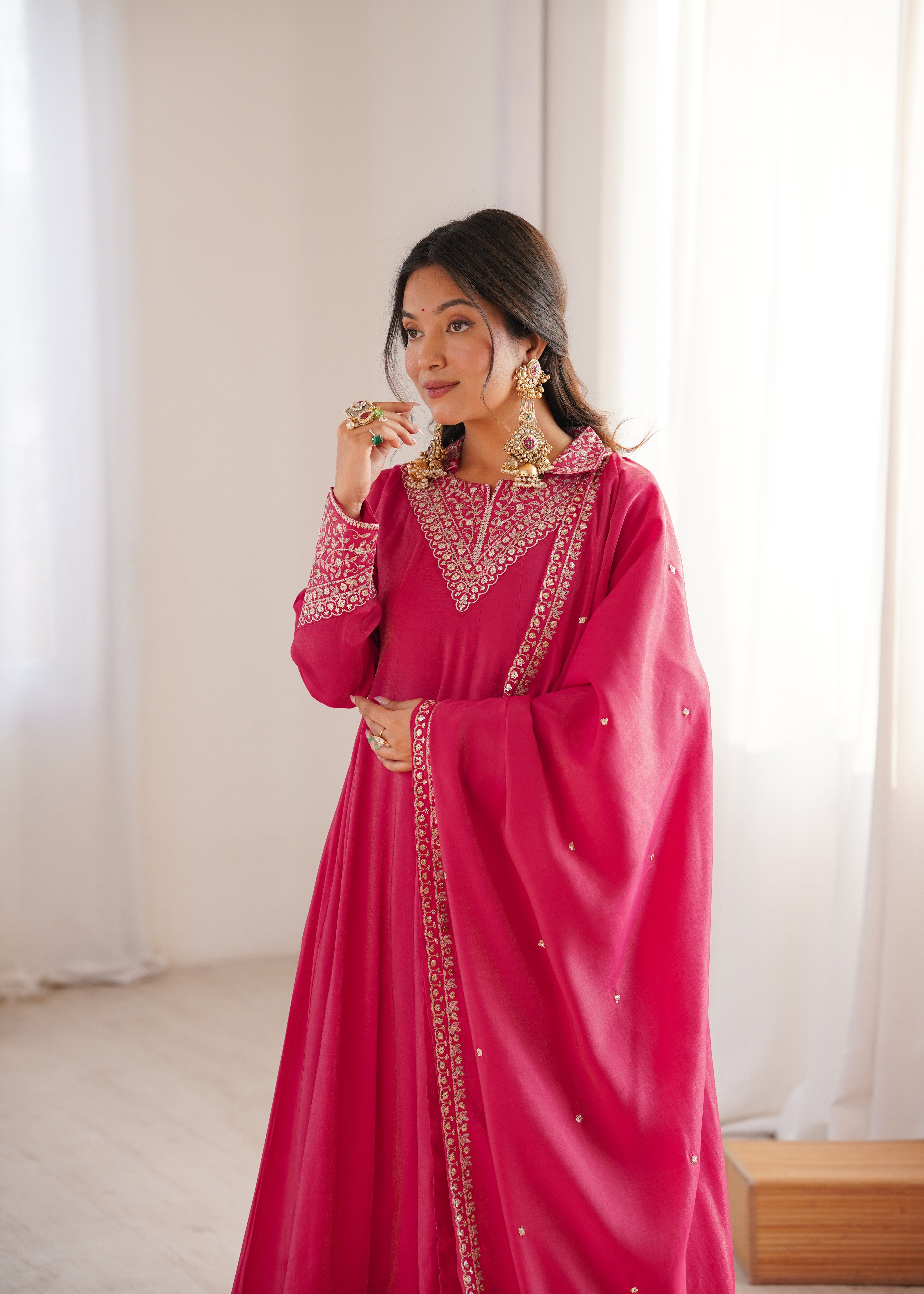 Heavy Roman Shimmer Silk Designer Anarkali Set