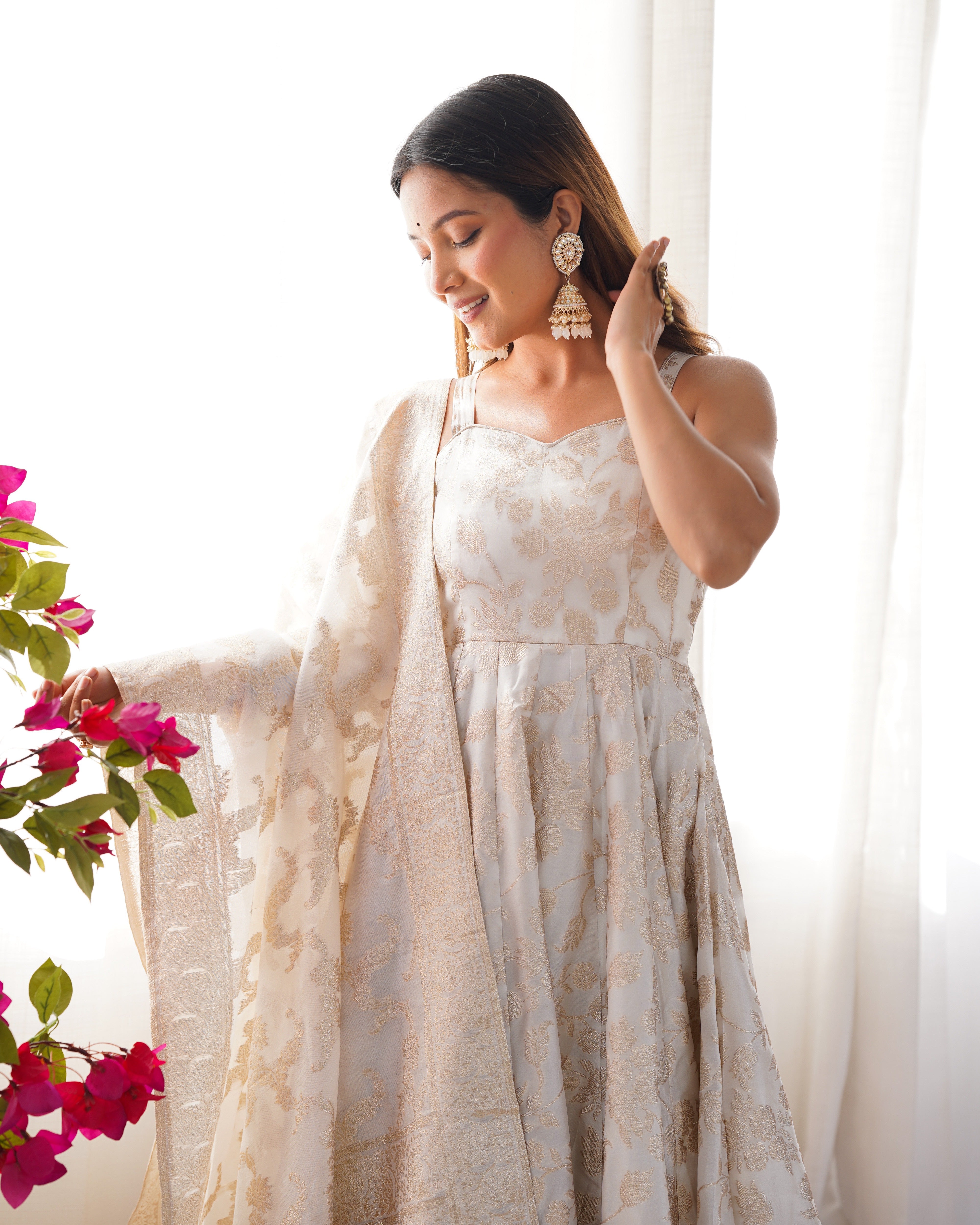 Fancy Banarasi Jacquard Dola Silk Anarkali Set