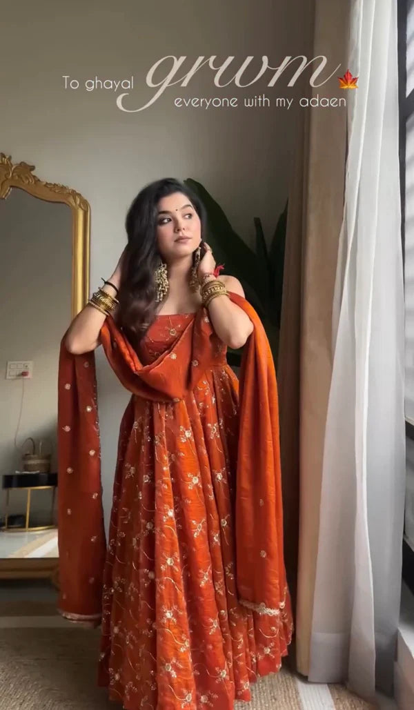 Orange Premium Elegant Anarkali  Suit Set