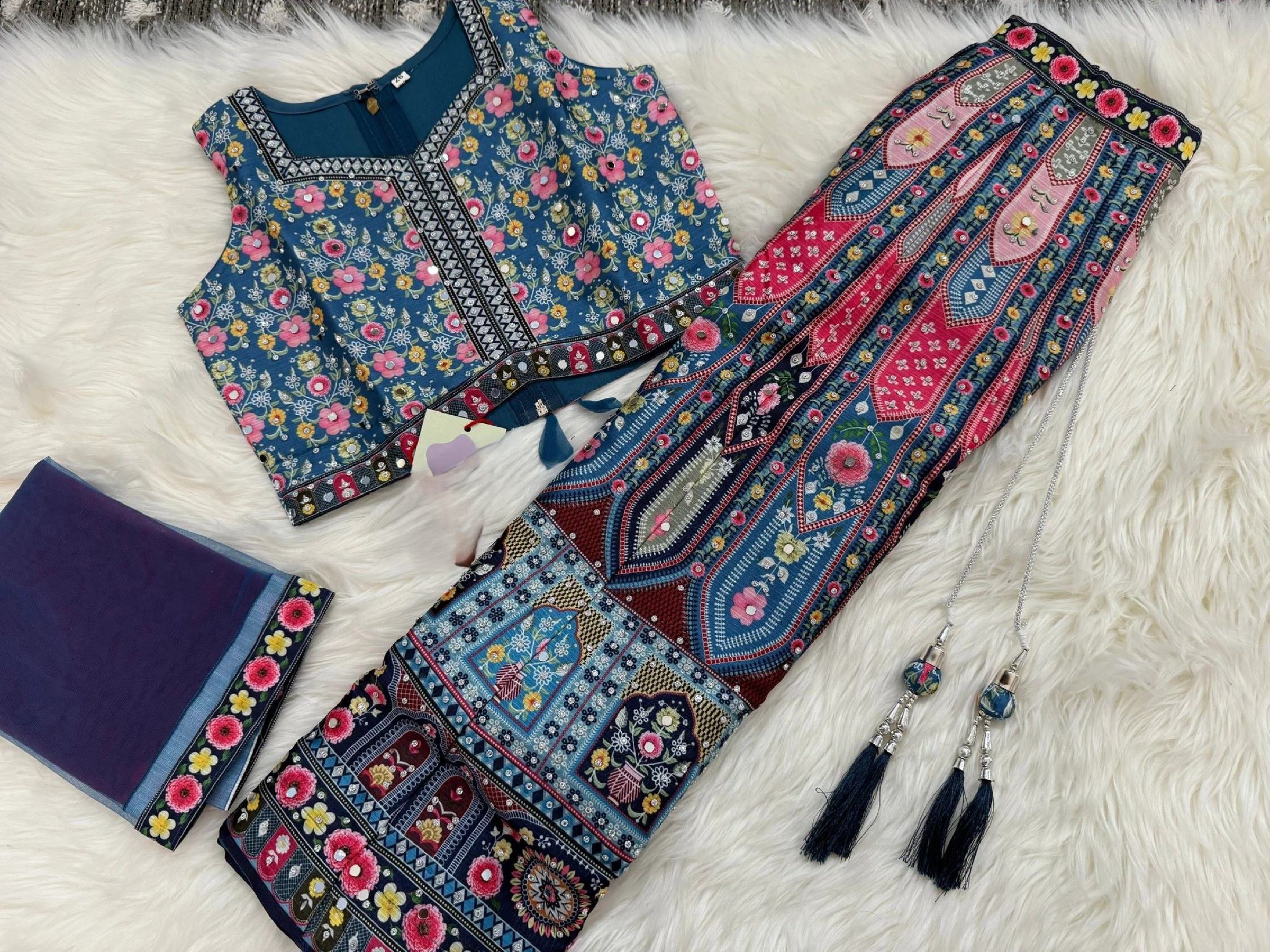 Multicolor Peacock Printed Lehenga Choli Set For Girls