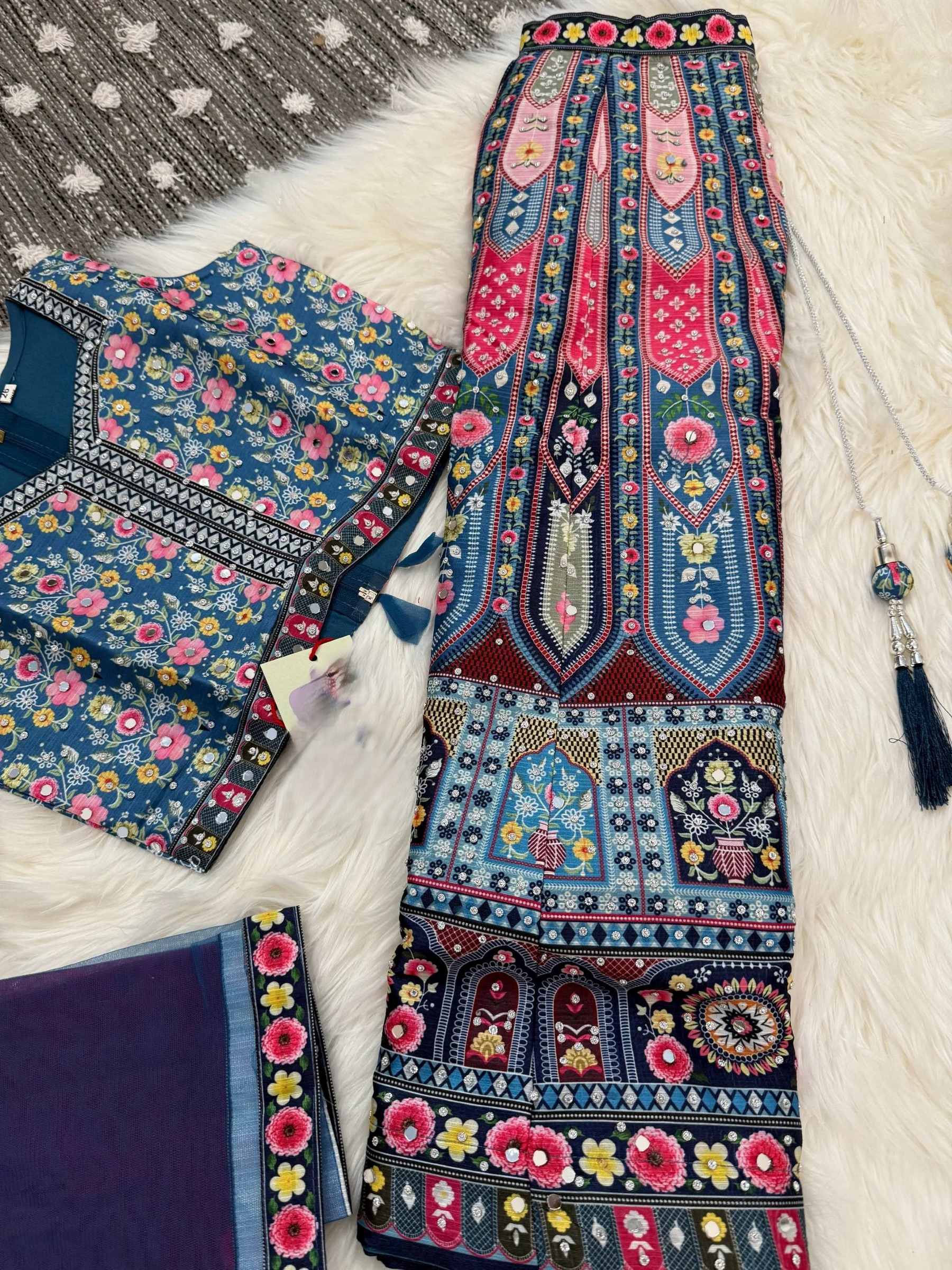 Multicolor Peacock Printed Lehenga Choli Set For Girls