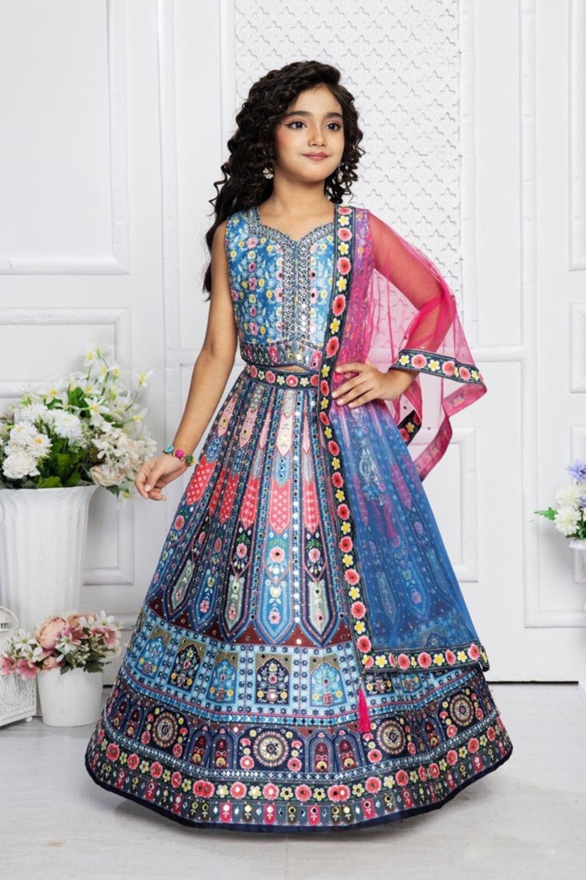 Multicolor Peacock Printed Lehenga Choli Set For Girls