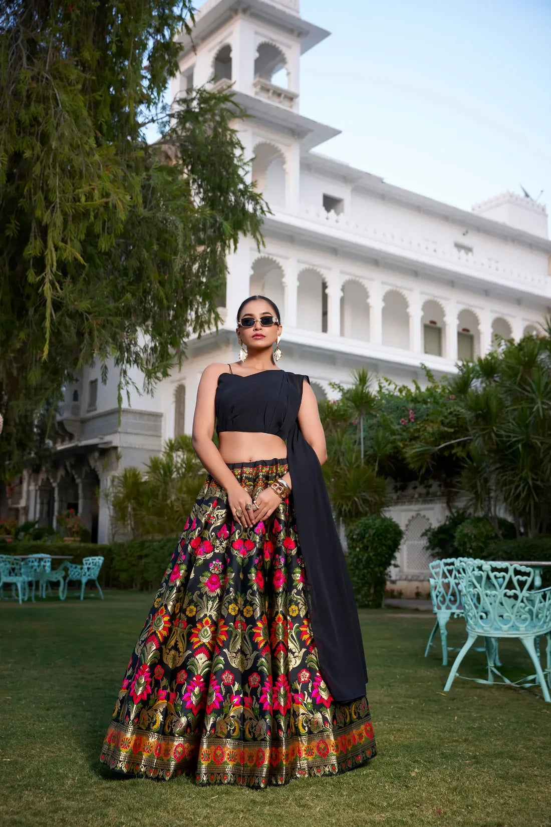 Black Banarasi Silk Crop Top Lehenga with Zari Weaving & Attached Dupatta