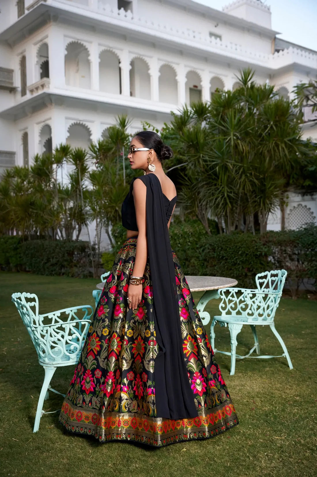 Black Banarasi Silk Crop Top Lehenga with Zari Weaving & Attached Dupatta
