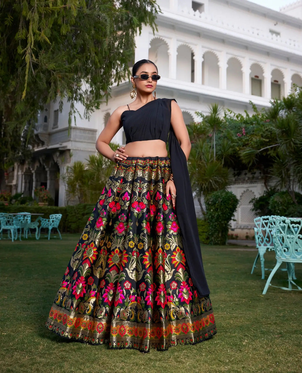 Black Banarasi Silk Crop Top Lehenga with Zari Weaving & Attached Dupatta