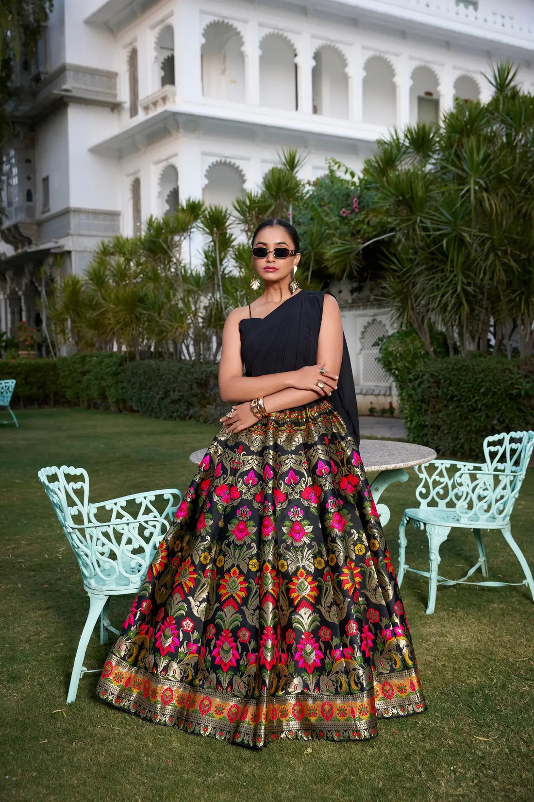 Black Banarasi Silk Crop Top Lehenga with Zari Weaving & Attached Dupatta