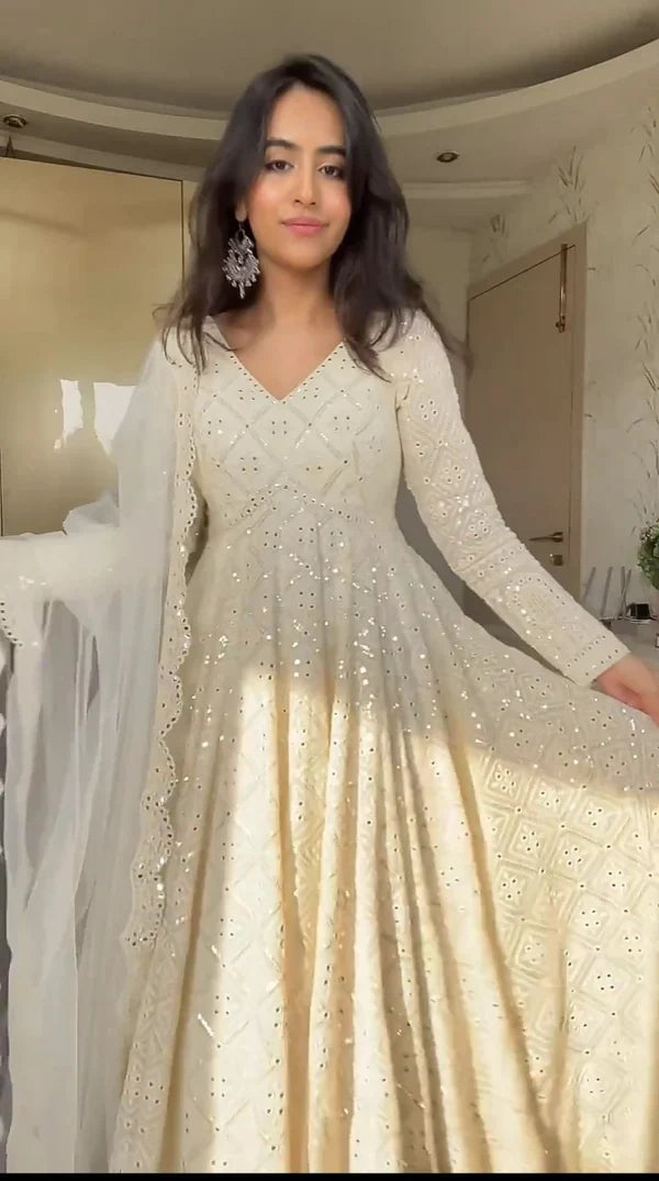 White Color Designer Partywear Lucknavi Embroidery Anarkali Suit Set