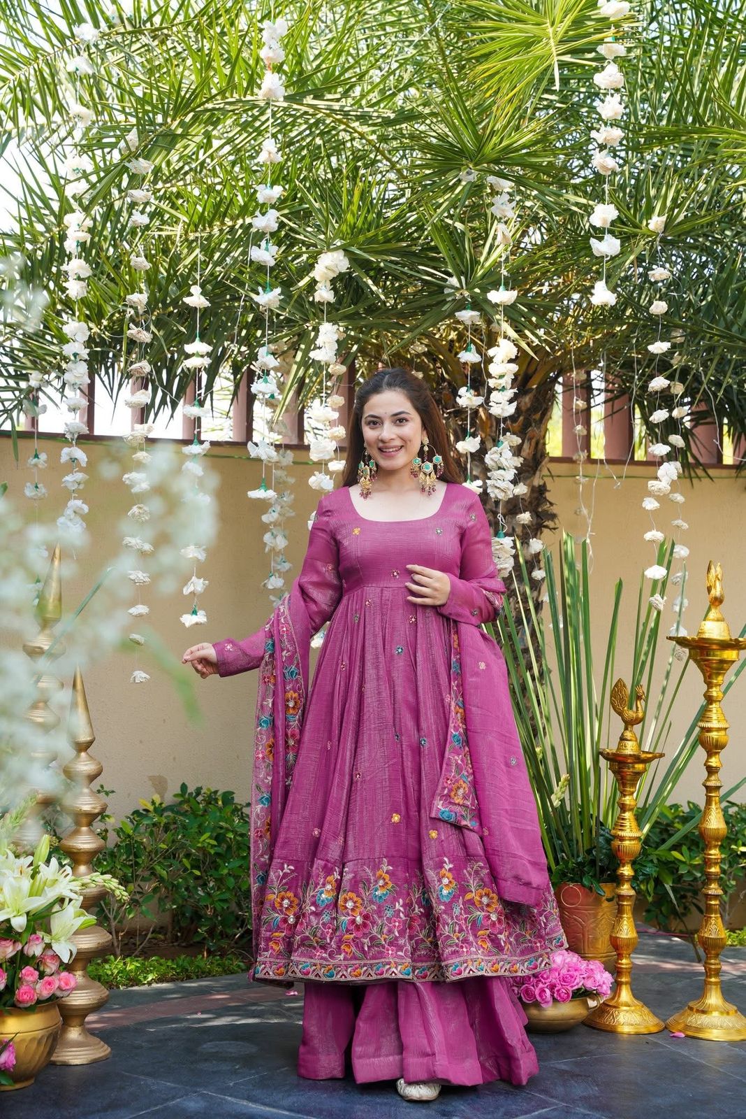 Dusty Rose Premium Designer Anarkali Gown Sharara Set