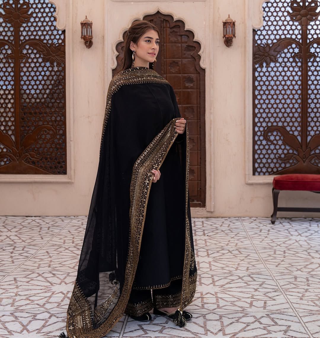 Elegant Black Heavy Embroidered Crepe Silk Suit Set with Moti Work Dupatta