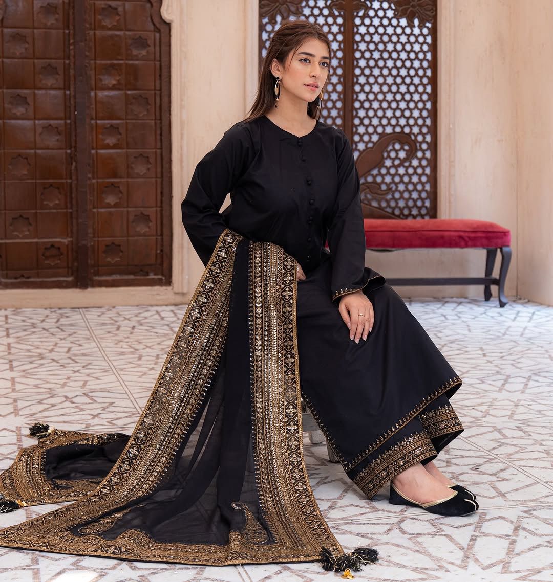 Elegant Black Heavy Embroidered Crepe Silk Suit Set with Moti Work Dupatta