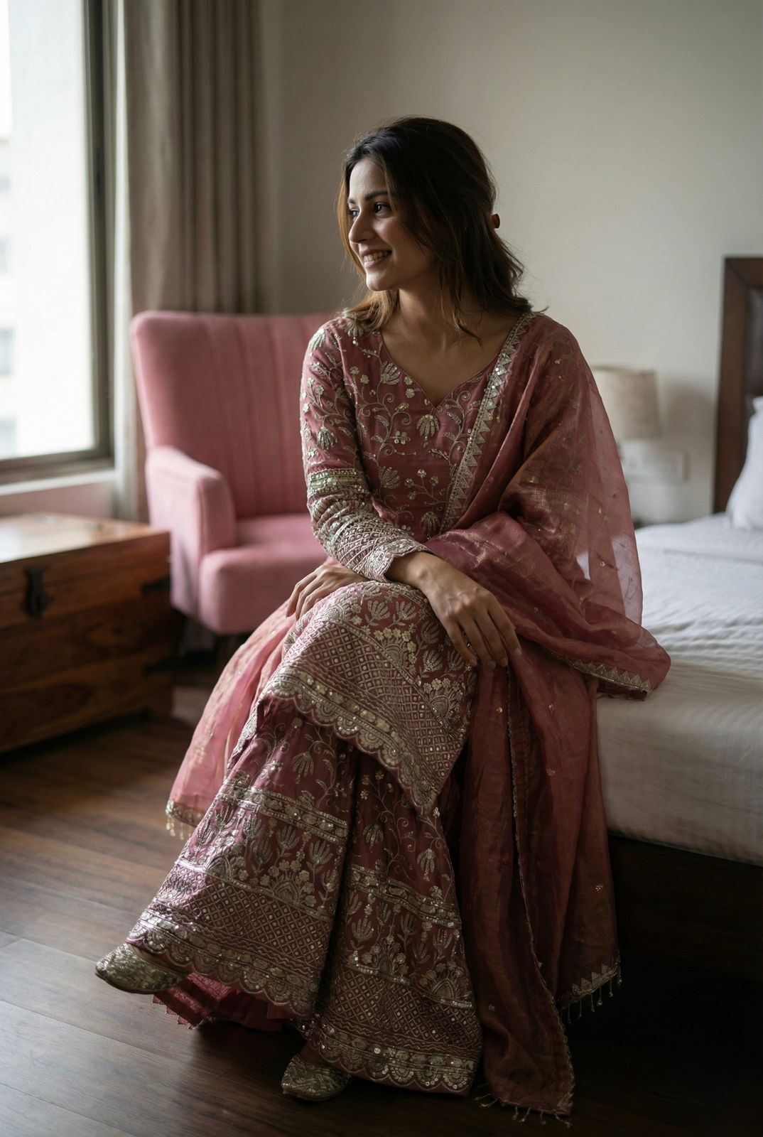 Designer GMY Silk Embroidered Top Sharara Set with Lace Border Dupatta