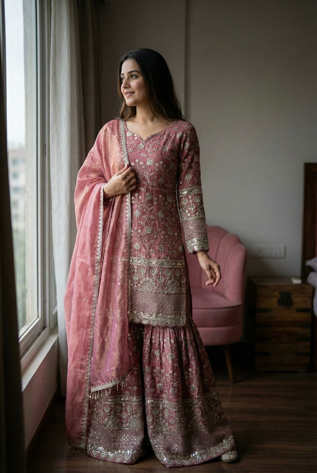 Designer GMY Silk Embroidered Top Sharara Set with Lace Border Dupatta
