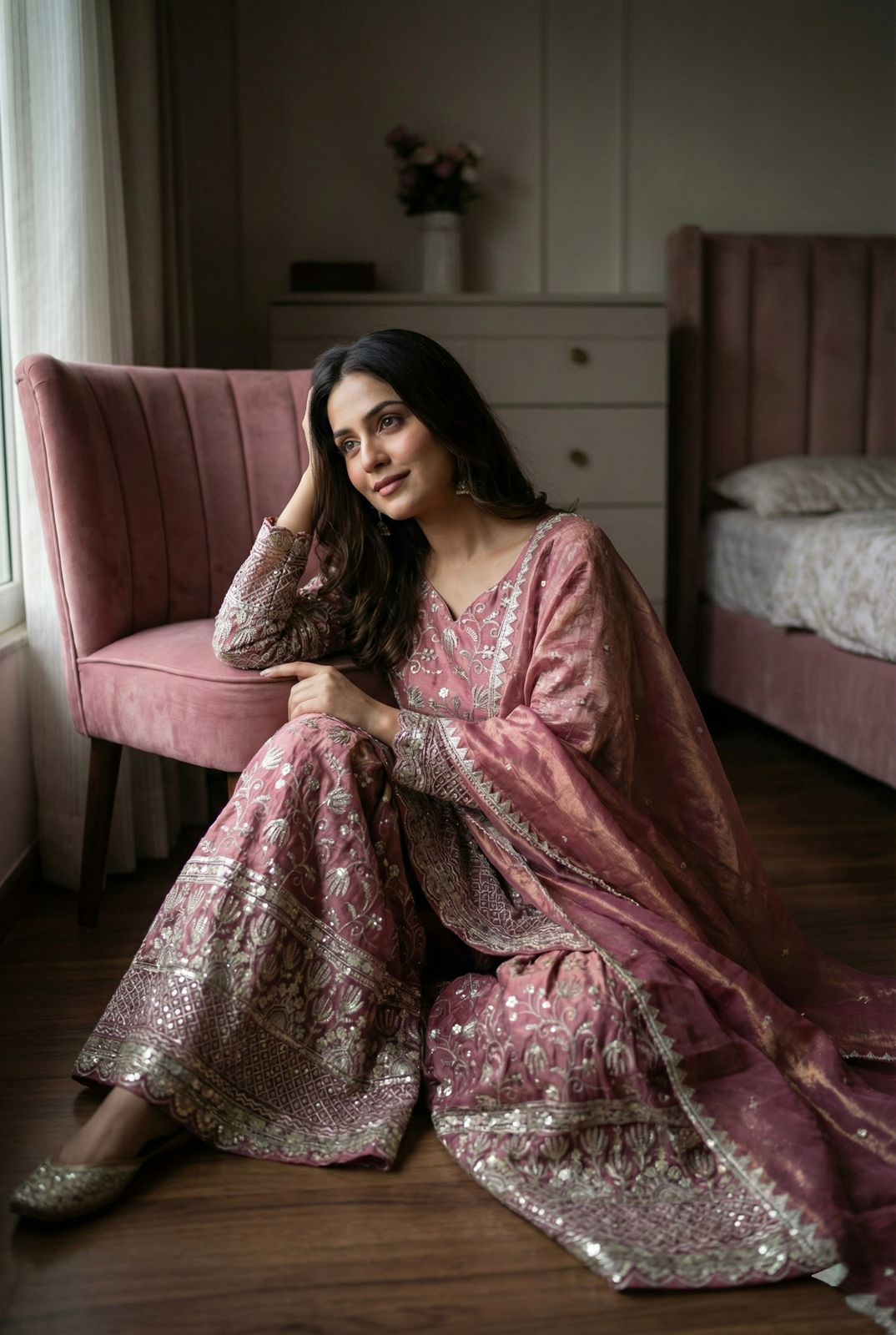Designer GMY Silk Embroidered Top Sharara Set with Lace Border Dupatta