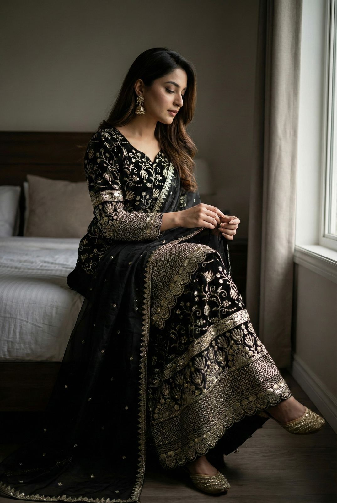 Designer GMY Silk Embroidered Top Sharara Set with Lace Border Dupatta